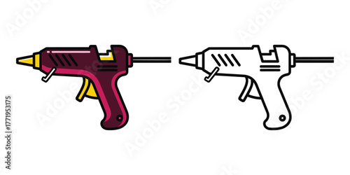 Two hot glue guns one colored pink and yellow outline one black and white outline tool