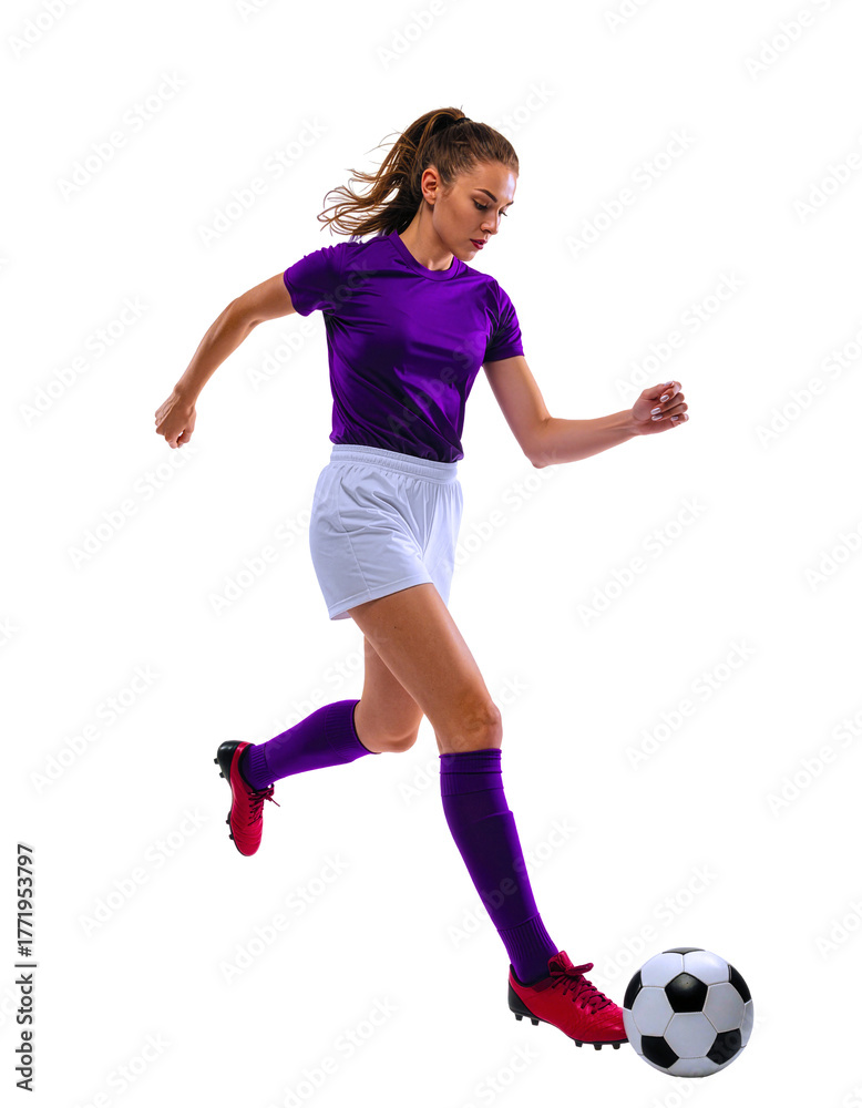 Fototapeta premium A beautiful woman football player isolated on a transparent background. Full-body in action, shot of a woman athlete in a purple jersey, running, dribbling a soccer ball. graphic for posters, ads. PNG