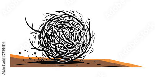 Black and white tumbleweed rolling across brown and orange desert ground plant