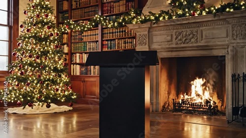 Elegant Christmas Library Scene with Festive Tree Crackling Fireplace and Podium Black Lectern for Speeches and Presentations