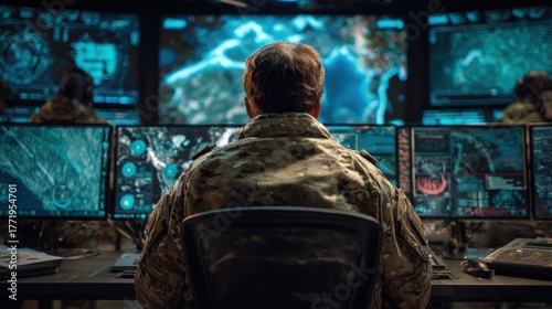Senior Army Officer in Camouflage Monitoring Digital Screens in Command Center