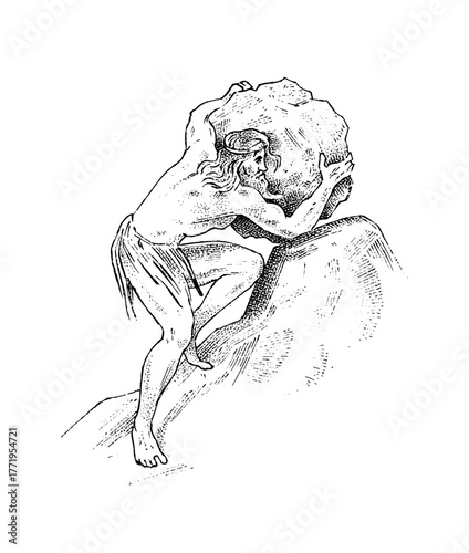 Myths of ancient Greece. Sisyphus punishment. The king of Corinth rolls a stone up a mountain. Character sketch. Hand drawn vintage vector illustration for book, emblem or print.