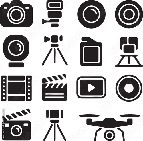 Photography and videography icons set camera tripod drone film reel clapperboard play button