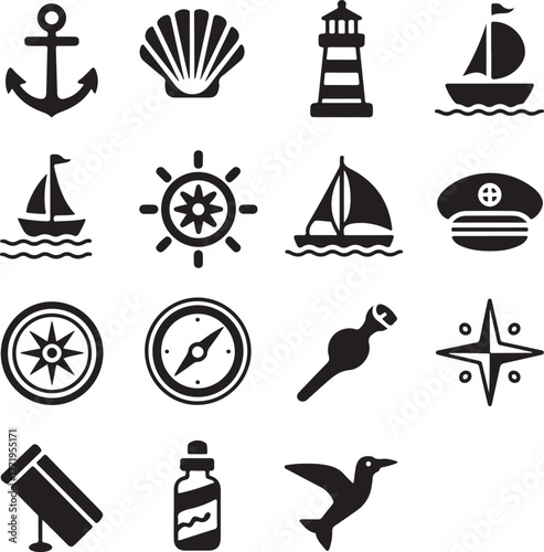 Nautical icons collection featuring ships anchors compasses and marine objects