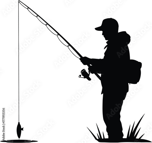 Black silhouette of a fisherman casting a line