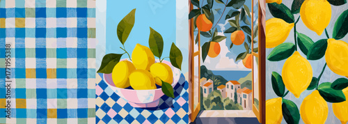 Mediterranean Citrus Collage. Vibrant collage featuring lemons, oranges, and a seaside view. A taste of the Mediterranean.	

