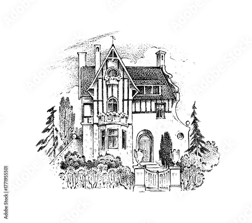 Scandinavian architecture, German style, half-timbered houses, 18th century. Timber framing. Vector landscape Ink sketch of the street. Hand drawn vintage illustration for book. Medieval European town