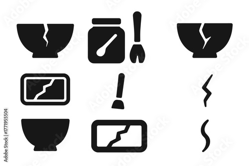 Kintsugi Restoration Art. Solid style icons of Kintsugi: broken pottery, gold lacquer, seam repair, renewed object, ceramic bowl,