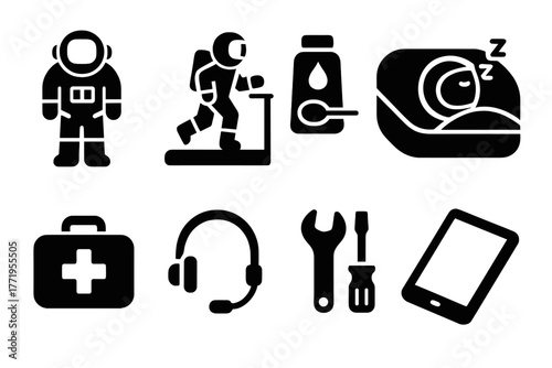 Astronaut Life Essentials. Solid style icons of Astronaut Life: EVA suit, space treadmill, rehydrated food, sleeping pod, medical