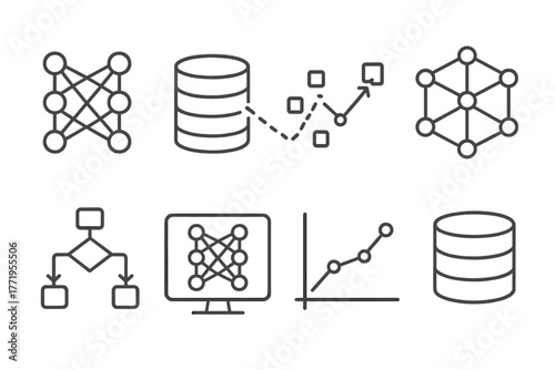 Machine Learning Icons. Line style icons of Machine Learning: Neural Network, Training Data, Prediction, Model, Algorithm,