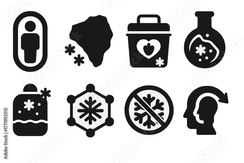 Advanced Preservation Icons. Solid style icons of Advanced Preservation: cryo capsule, frozen tissue, organ storage, vitrification