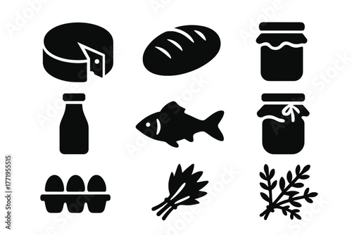 Local Goods Icons. Solid style icons of local goods: cheese wheel, bread loaf, honey jar, milk bottle, fish, jam jar, eggs carton,
