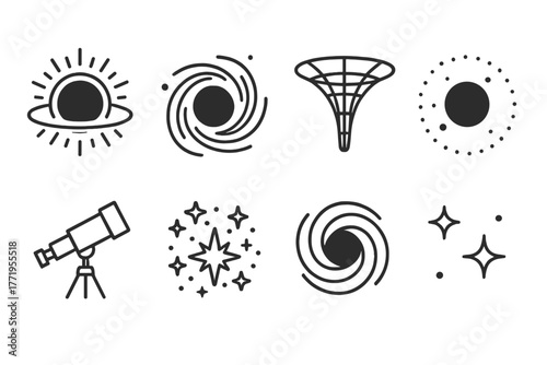 Black Hole Icons. Line style icons of Black Hole: Event Horizon Glow, Accreting Matter, Gravity Well, Cosmic Shadow, Telescope