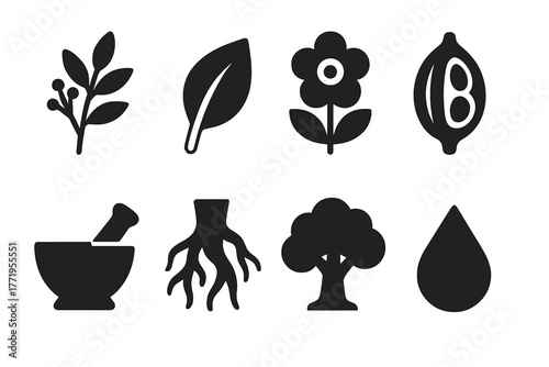 Solid Plant Icons. Solid style icons of plant lore: medicinal herb, leaf, flower, seed pod, mortar and pestle, root, tree, water