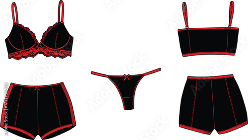 Women's Thong Panty with Front Bow Detail, Underwear Technical Fashion Sketch, Front and Back Views, cad drawing flat vector illustration.