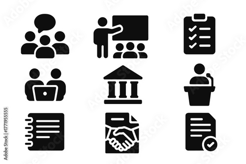 Community Research Icons. Solid style icons of community-based research: group discussion, presentation board, survey form, shared