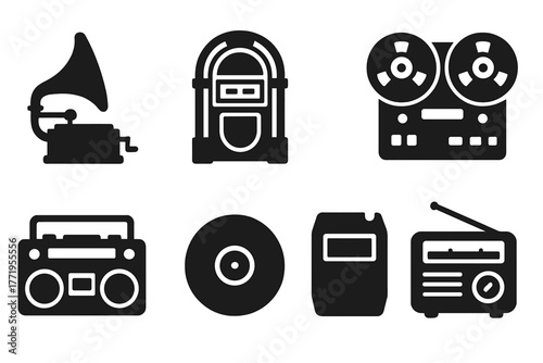 Retro Music Icons. Solid style icons of Retro Music: gramophone, jukebox, cassette player, reel-to-reel, boombox, vinyl disc,