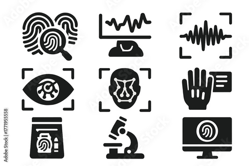 Forensic Identification Icons. Solid style icons of Forensic Identification: fingerprint match, DNA analysis, voiceprint, retina