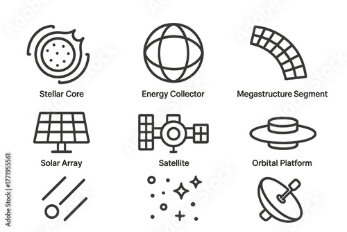 Dyson Sphere Icons. Line style icons of Dyson Sphere: Stellar Core, Energy Collector, Megastructure Segment, Solar Array,
