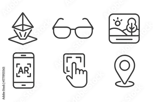 Augmented Reality Icons. Line style icons of Augmented Reality: AR Hologram, Glasses, Data Layer, Real-World View, Smartphone,