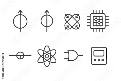 Quantum Computing Icons. Line style icons of Quantum Computing: Quantum Bit, Superposition, Entangled Particles, Processor,