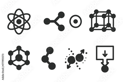Molecular Science Icons. Solid style icons of Molecular Science: atomic model, chemical bond, electron orbit, crystal lattice,