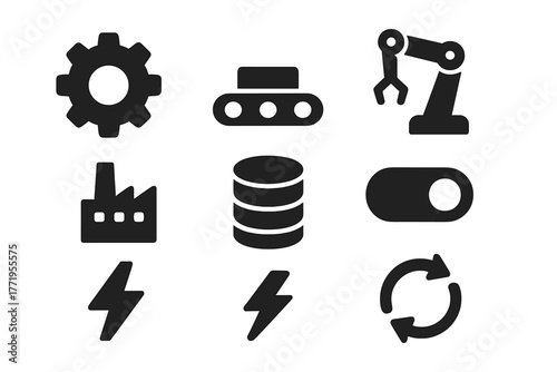 Automation Icon Set. Solid style icons of automation: gear, conveyor belt, robotic arm, factory, database, switch, lightning bolt,