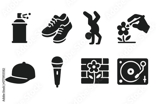 Street Art Icons. Solid style icons of Street Arts: graffiti spray, dance shoes, breakdance pose, chalk drawing, hip hop cap,