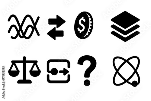 Superposition Icons. Solid style icons of superposition: overlapping waves, dual arrows, coin flip, stacked layers, balance scale,