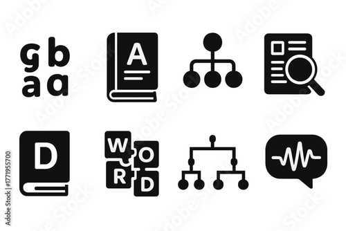 Linguistics Icons Collection. Solid style icons of Linguistics: phonetic alphabet, grammar book, language tree, text analysis,
