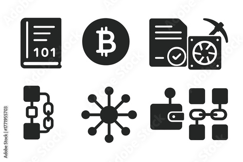 Blockchain Icons Collection. Solid style icons of Blockchain: digital ledger, crypto coin, smart contract, mining rig, hash chain,
