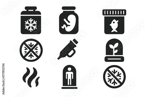 Preservation Technology Icons. Solid style icons of Preservation Technology: cooling tank, vitrification jar, specimen container,