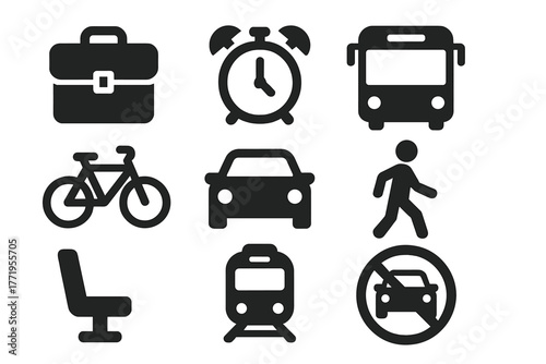 Daily Commute Icons. Solid style icons of daily commute: briefcase, alarm clock, bus, bicycle, car, walking figure, seat, train,