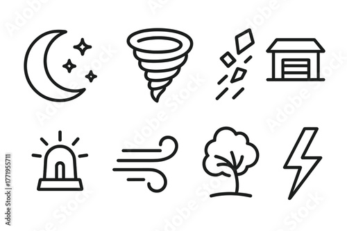 Tornado Night Icons. Line style icons of Tornado Night: Moon, Funnel Cloud, Debris, Storm Cellar, Warning Siren, Wind, Tree,