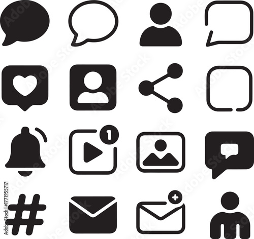 Collection of social media icons featuring messages people sharing and notifications for digital platforms