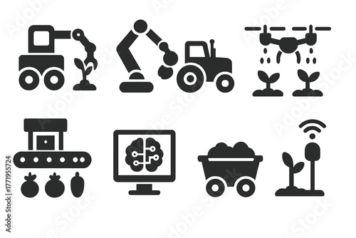 Agricultural Robotics Icons. Solid style icons of Agricultural Robotics: planting robot, harvest arm, driverless tractor, spraying