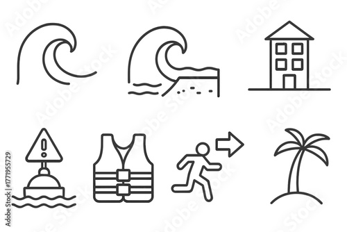 Tsunami Line Icons. Line style icons of Extreme Tsunami: Wave, Receding Water, Inundation Zone, Coastal Building, Warning Buoy,