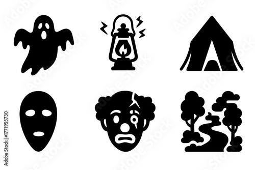 Haunting Icon Collection. Solid style icons of Haunting Atmosphere: ghostly figure, flickering lantern, broken mirror, dark tent,