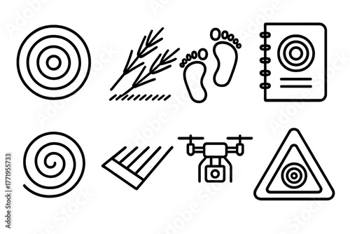 Crop Circle Icons. Line style icons of Crop Circle: Concentric Circles, Flattened Barley, Footprints, Notebook, Spiral Pattern,