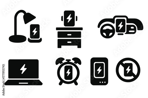 Wireless Charging Icons. Solid style icons of household wireless charging: lamp, desk, nightstand, car dashboard, charging mat,