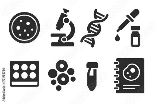 Cell Culture Icons. Solid style icons of cell culture: petri dish, microscope, DNA strand, pipette, vial, sample tray, cell
