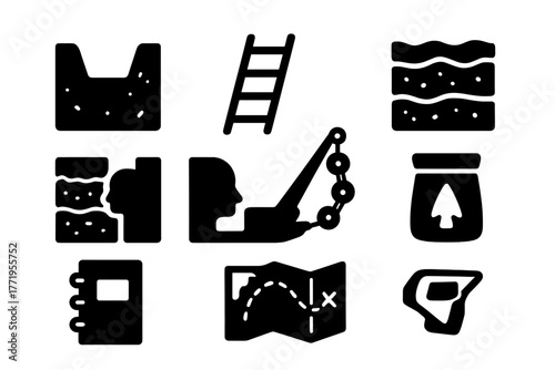 Excavation Icons. Solid style icons of excavation process: trench, ladder, soil layers, profile drawing, bucket chain, artifact