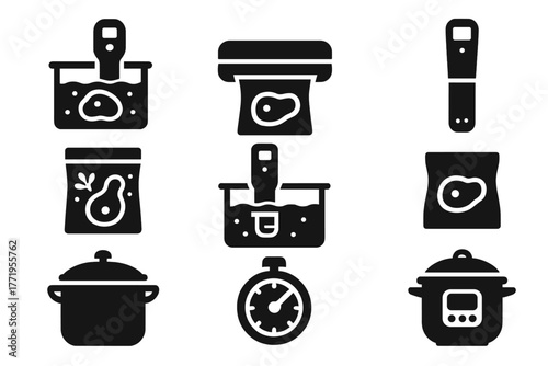 Sous Vide Essentials Icons. Solid style icons of Sous Vide Cooking: water bath, vacuum sealer, precision heater, herb-infused bag,