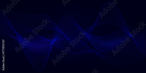 Abstract wavy stripes on a dark blue background isolated. Wave dynamic lines. Blue neon abstract lines. Wave line art background.  EPS 10.