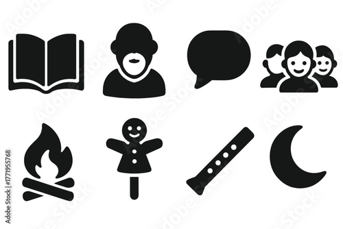 Storytelling Symbols Icons. Solid style icons of storytelling: open book, elder figure, speech bubble, children group, campfire,
