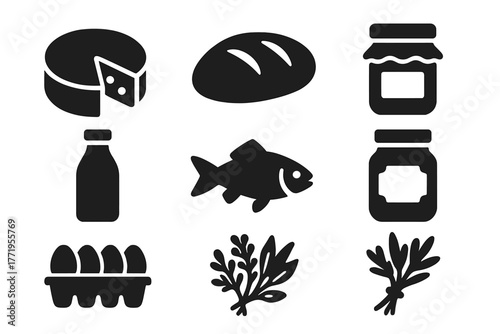 Local Goods Icons. Solid style icons of local goods: cheese wheel, bread loaf, honey jar, milk bottle, fish, jam jar, eggs carton,