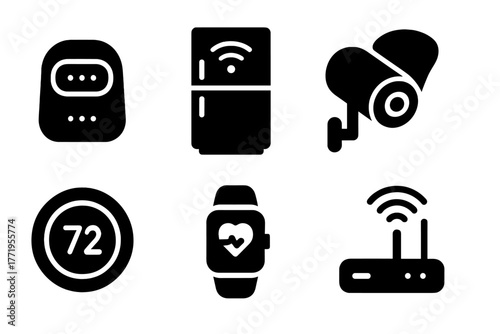 Smart Device Icons. Solid style icons of Smart Devices: home assistant, connected fridge, smart bulb, security camera, thermostat,