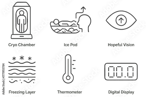 Cryonics Icon Set. Line style icons of Cryonics: Cryo Chamber, Ice Pod, Revival Concept, Hopeful Vision, Freezing Layer,