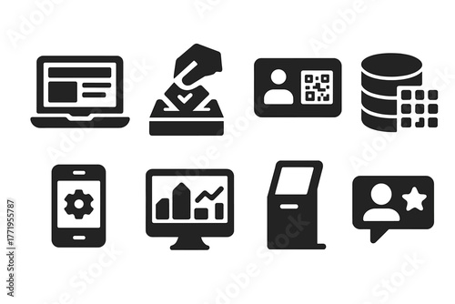 Digital Governance Icons. Solid style icons of Digital Governance: online portal, e-voting, digital ID, open data, service app,