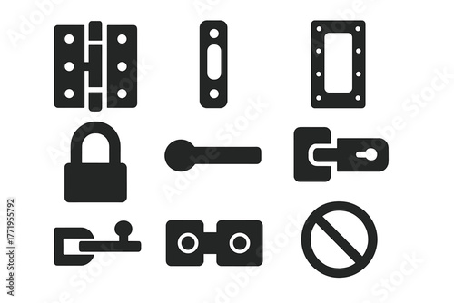 Protective Hardware Icons. Solid style icons of Protective Hardware: door hinge, strike plate, reinforced frame, padlock shackle,